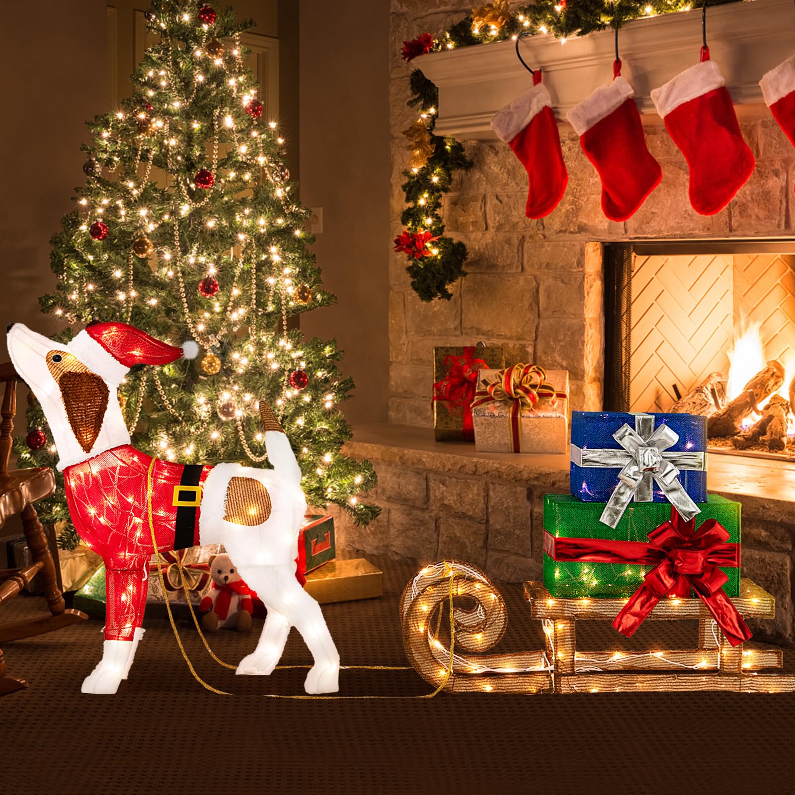 Tangkula Lighted Christmas Dog with Sleigh & Gift Boxes Combo Decorations