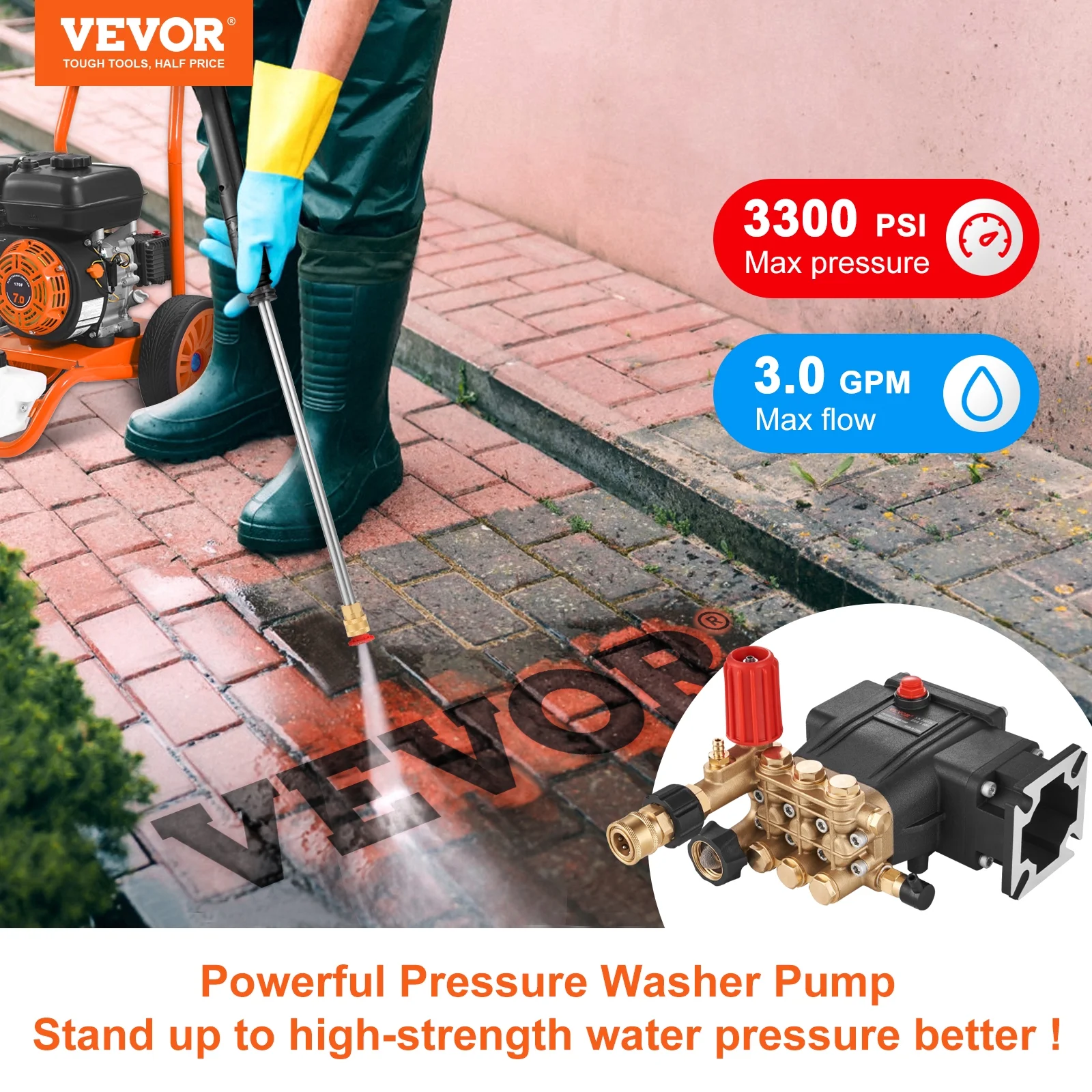 VEVOR Pressure Washer Pump, 3/4" Shaft Horizontal Triplex Plunger, 3700 PSI, 2.5 GPM, Replacement Power Washer Pumps Kit, Parts Washer Pump, Compatible with Simpson Morflex Models 40224, 40225, 40226