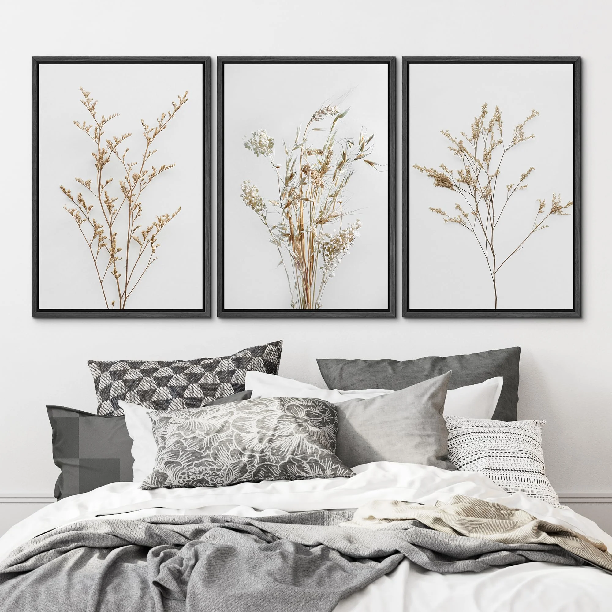 IDEA4WALL Framed Canvas Print Wall Art Set of 3 Wildflower Floral Botanical Prints, Modern Farmhouse Flowers Wall Decor, Large Wall Art, Minimalist Artwork for Home Decor - Black 16"x24"x3