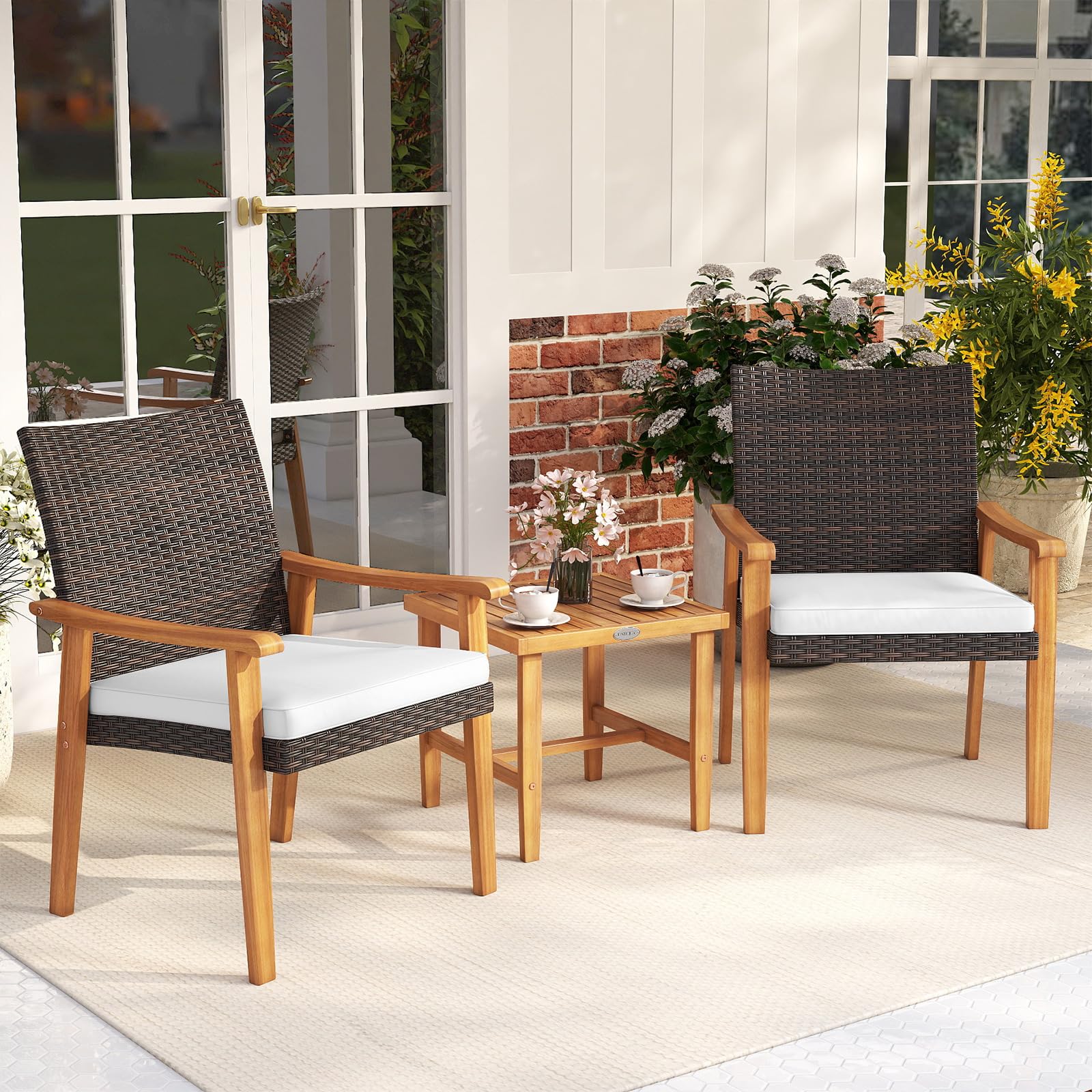 Tangkula 3 Pieces Patio PE Wicker Furniture Set Acacia Wood Outdoor Conversation Bistro Set