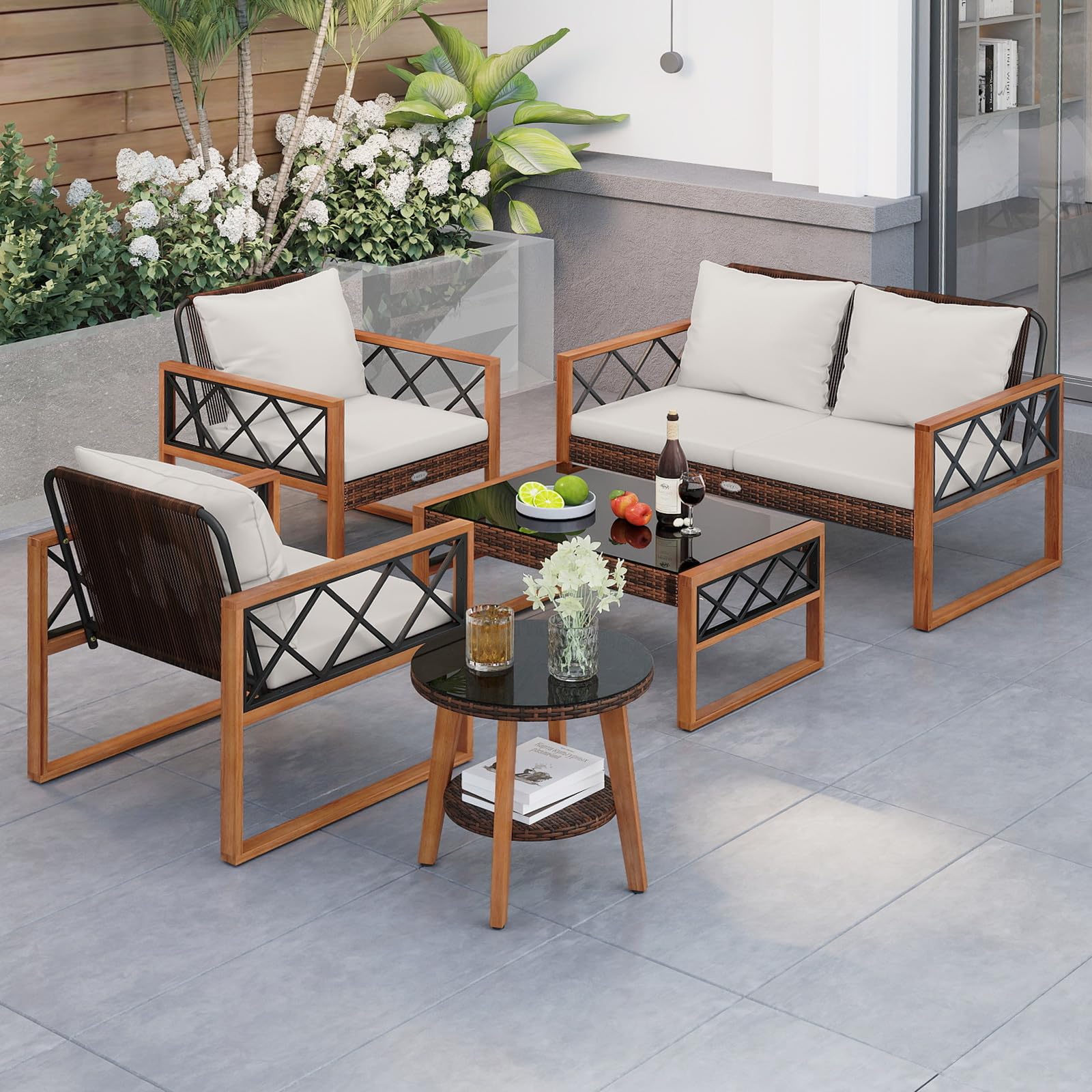 Tangkula 5 Pieces Wicker Patio Conversation Furniture Set