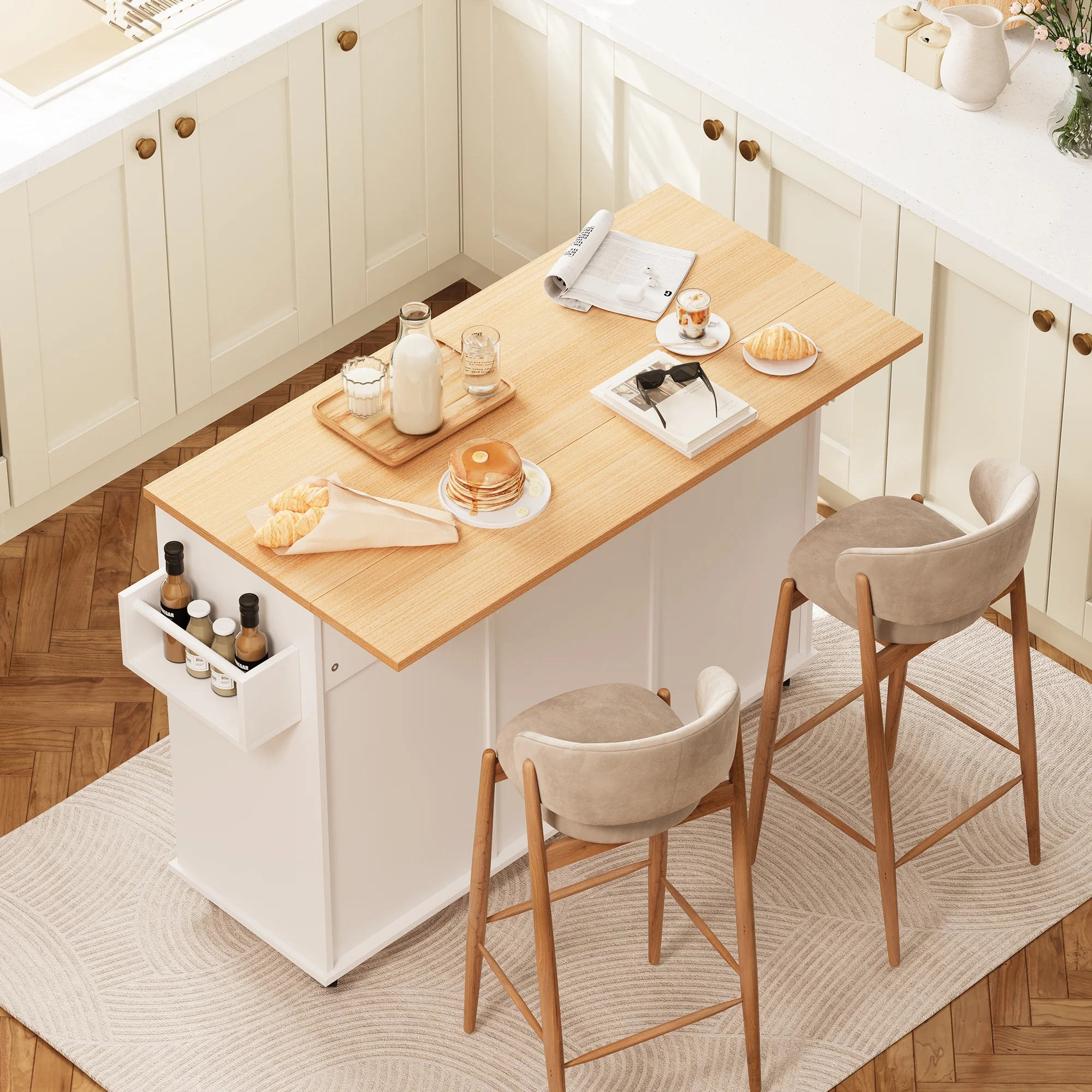Spanspace 48" Kitchen Island Cart with Drop Leaf, 10 Gallon Storage and Tilt Out Trash Can Cabinet, Portable Kitchen Island with Wheels Drawer and Adjustable Shelves for Kitchen, White