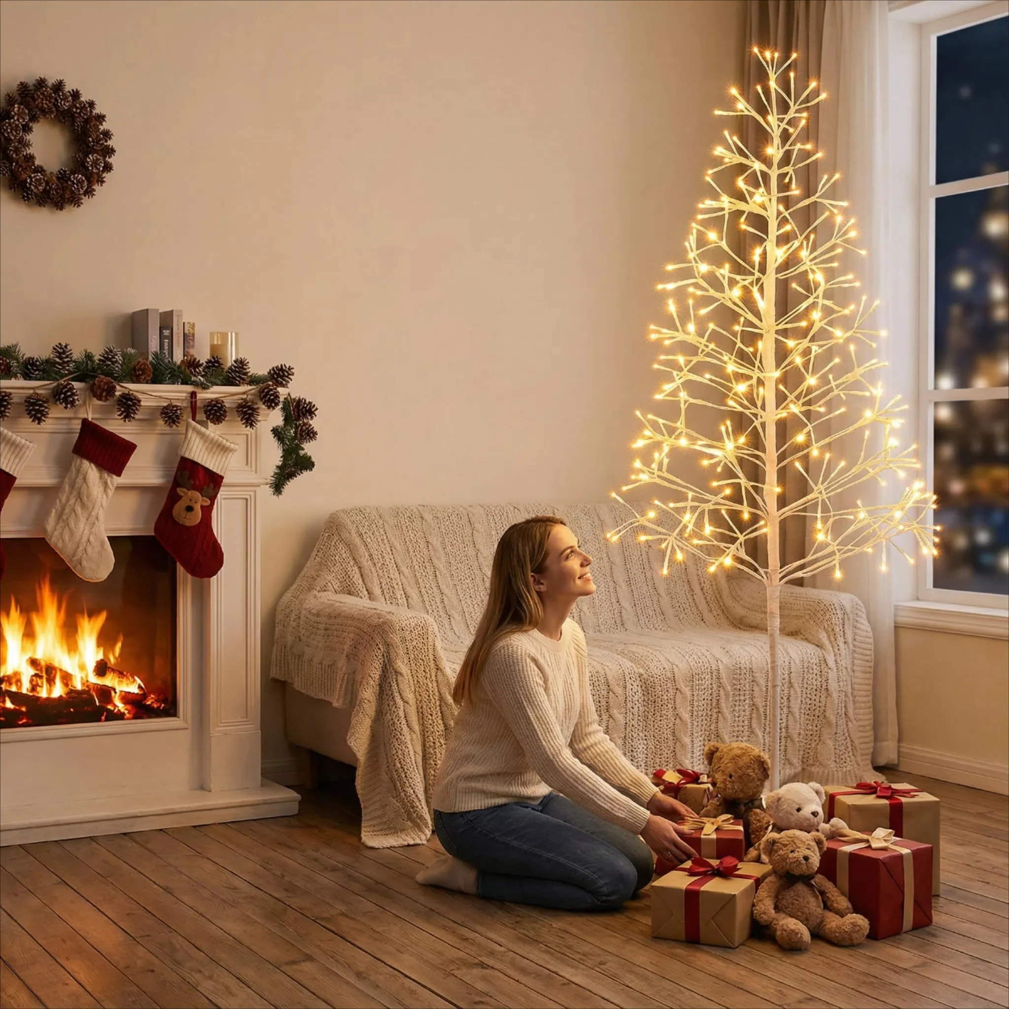 Tangkula Christmas Outdoor Lighted Birch Tree Pre-lit Decor with Warm White Light LED Lights