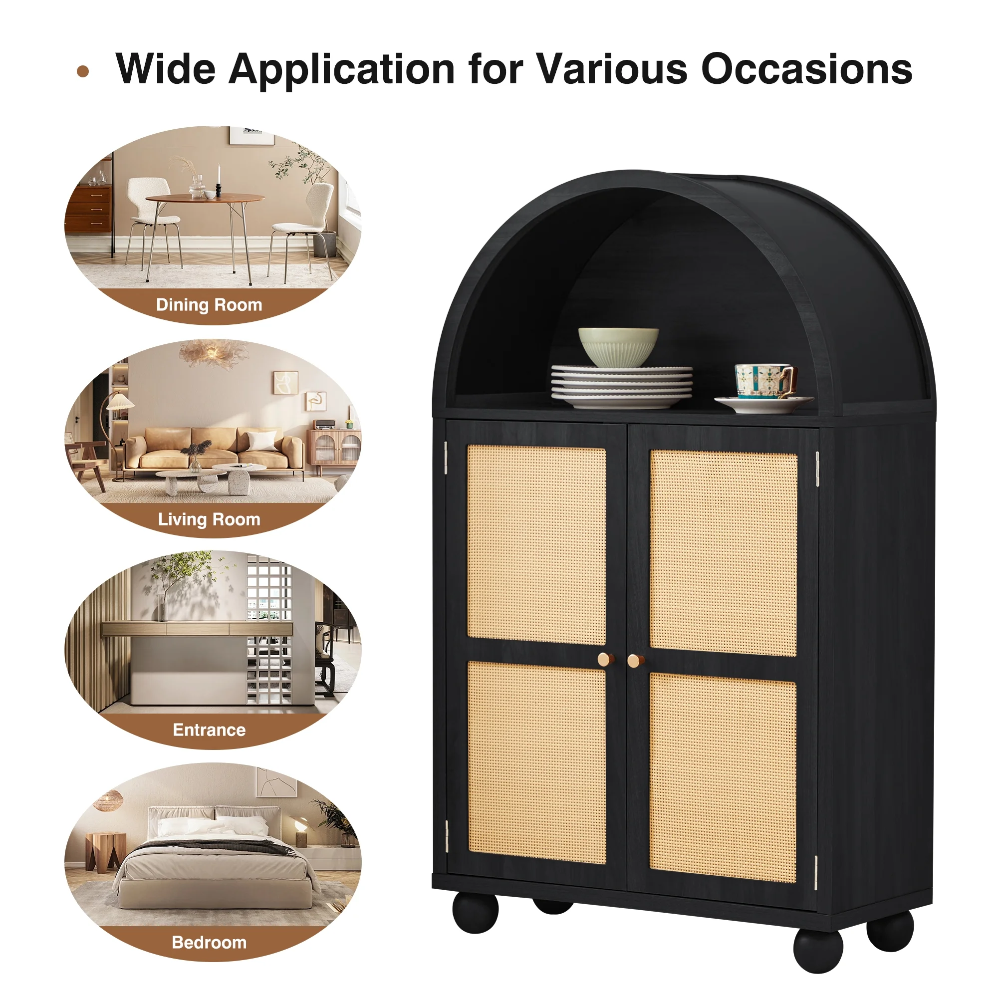 Wirrytor Arched Kitchen Storage Cabinet, Sideboard Buffet Cabinet with 2 - Tier and 2 Doors, Black Sideboard, Kitchen Pantry Cabinet, Wooden Storage Cabinet for Living Room