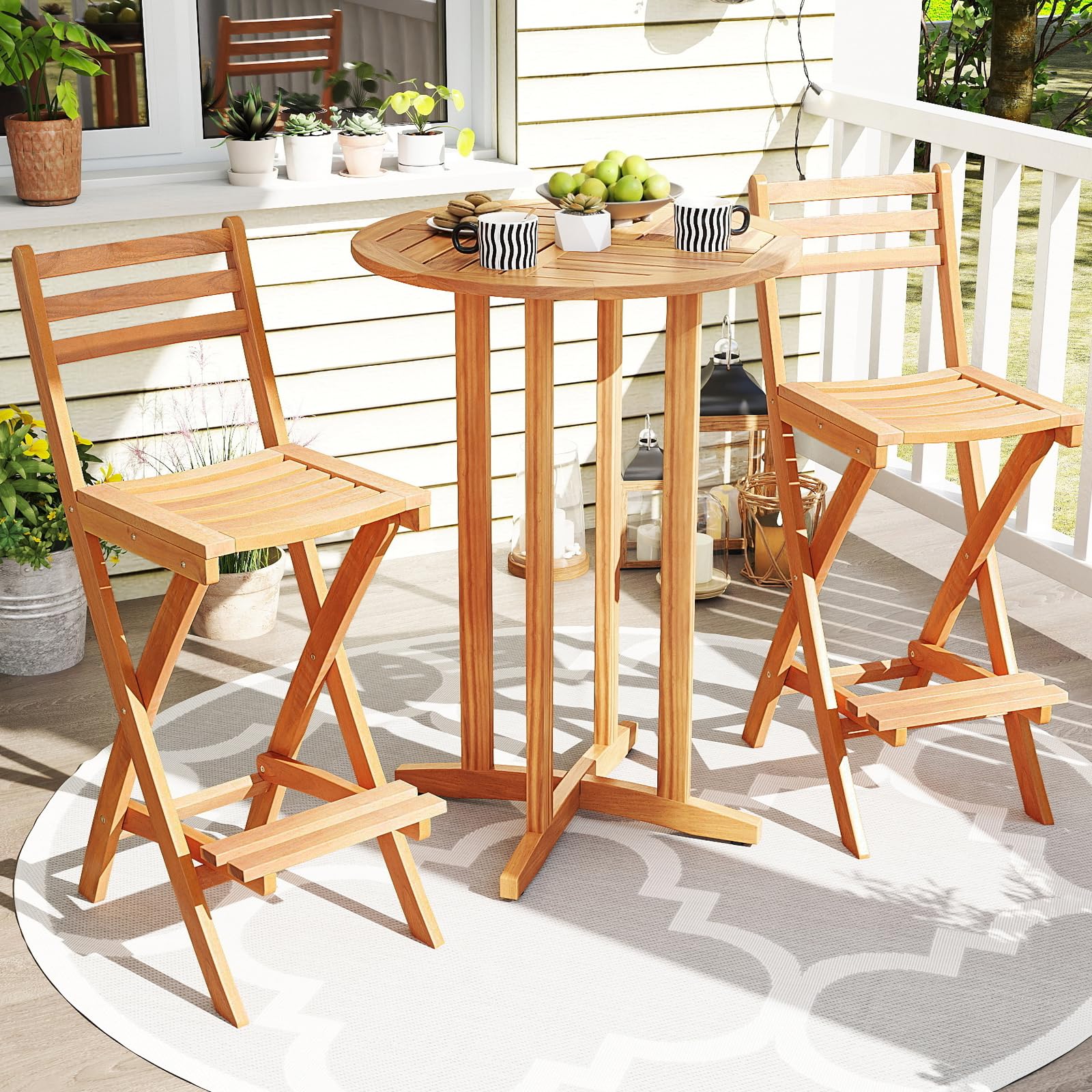 Tangkula Outdoor Portable High Top Acacia Wood Bar Height Chair with Backrest & Footrest