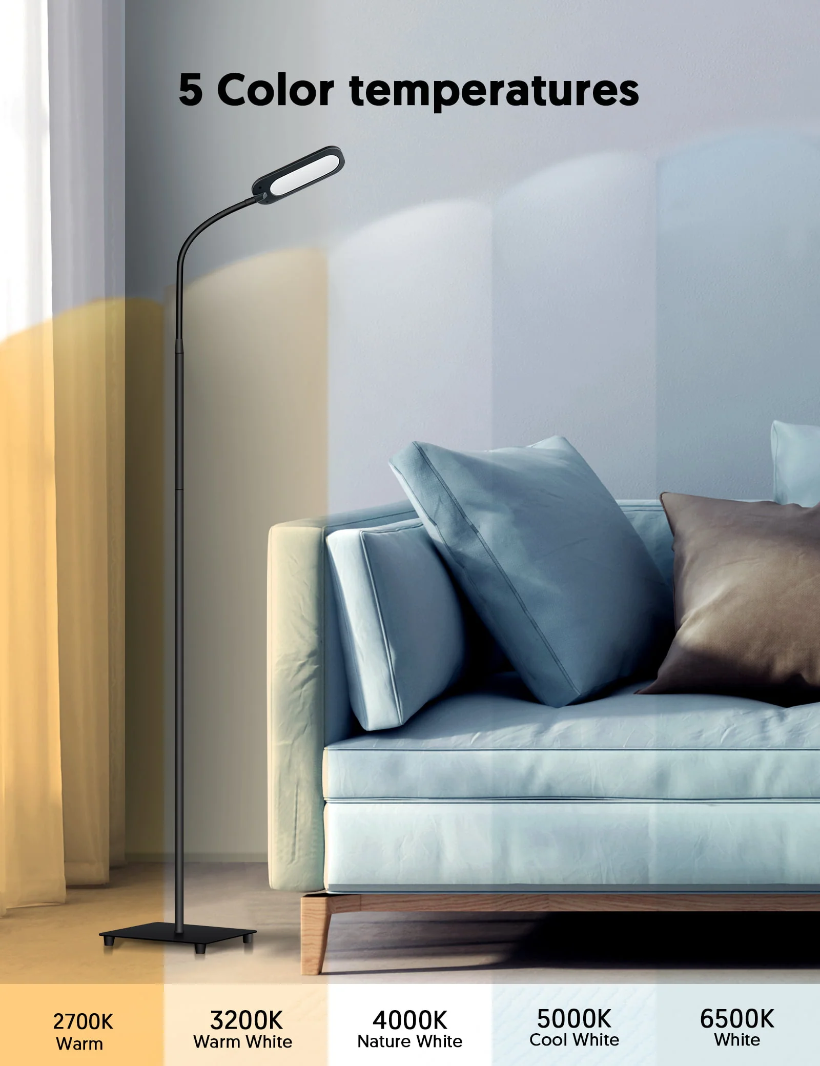 TECKIN Floor Lamp, Dimmable Black Lamp with 5 Color& 4 Brightness and Adjustable Gooseneck