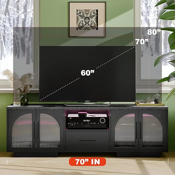 TV Stand for 75 in TV, LED TV Stand for Living Room, 70" Entertainment Center with Arched Glass Doors, Faux Marble Wood Finish Top, Adjustable Shelves, and LED Lighting, Black