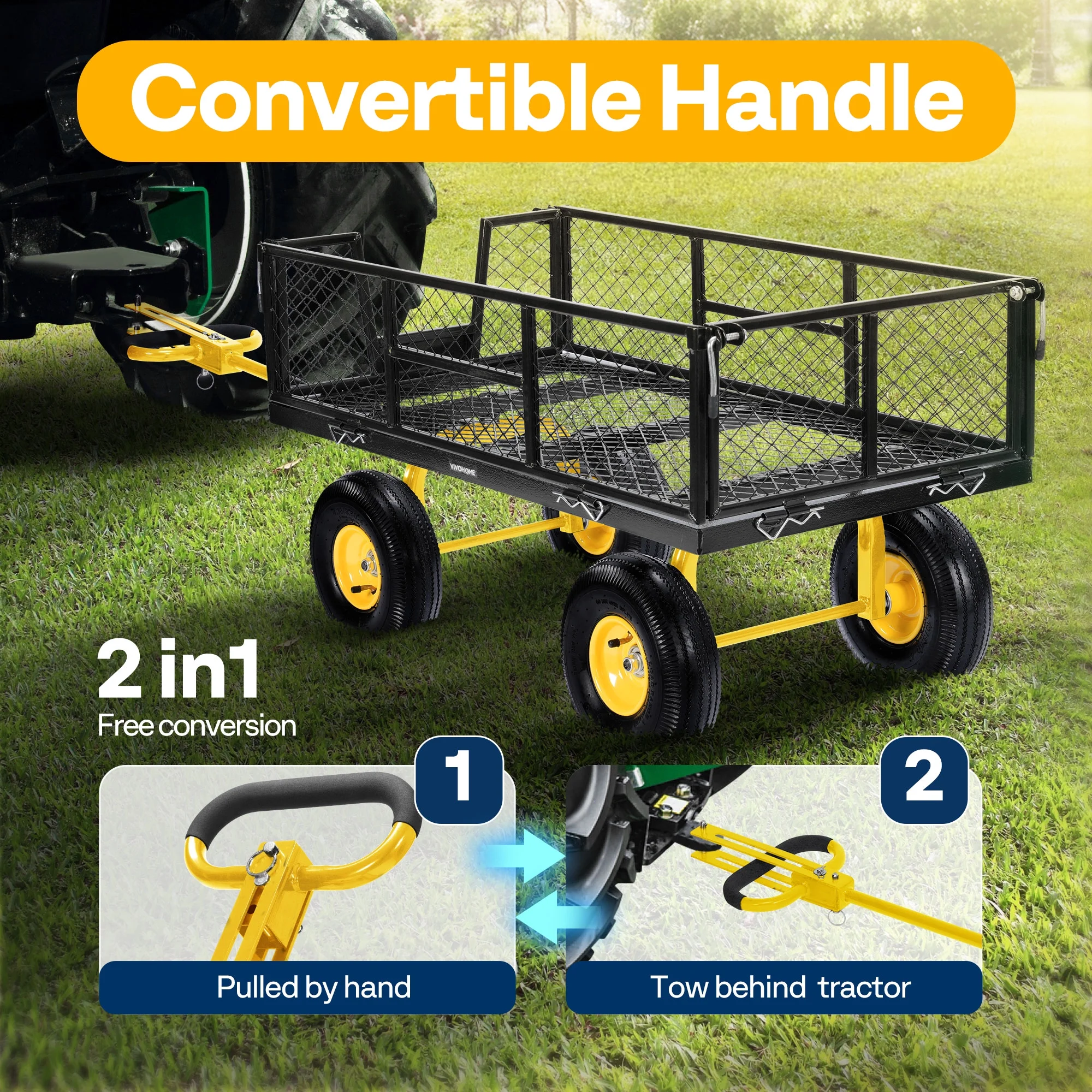 SPECSTAR Steel Garden Cart with Round Handle, 900 lb Capacity, with 10 in Tire and Handle Attach to ATV or Tractor