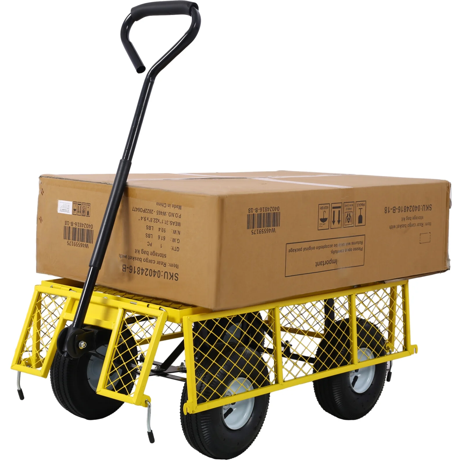 Steel Garden Cart, Heavy Duty 500 lb Capacity Mesh Steel Garden Cart with Removable Mesh Sides, 180 Rotating Handle and 9.5 in Tires, Utility Garden Carts and Wagons for Garden, Farm, Yard, Yellow