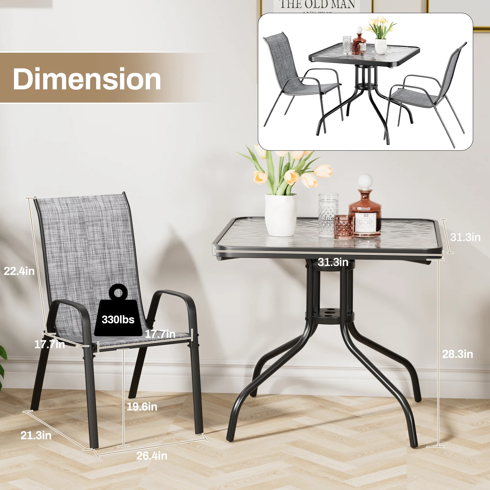 Pirecart 5 - Piece Outdoor Patio Dining Table Set with 4 Stackable Textilene Chairs for for Patio, Lawn, Garden, Gray