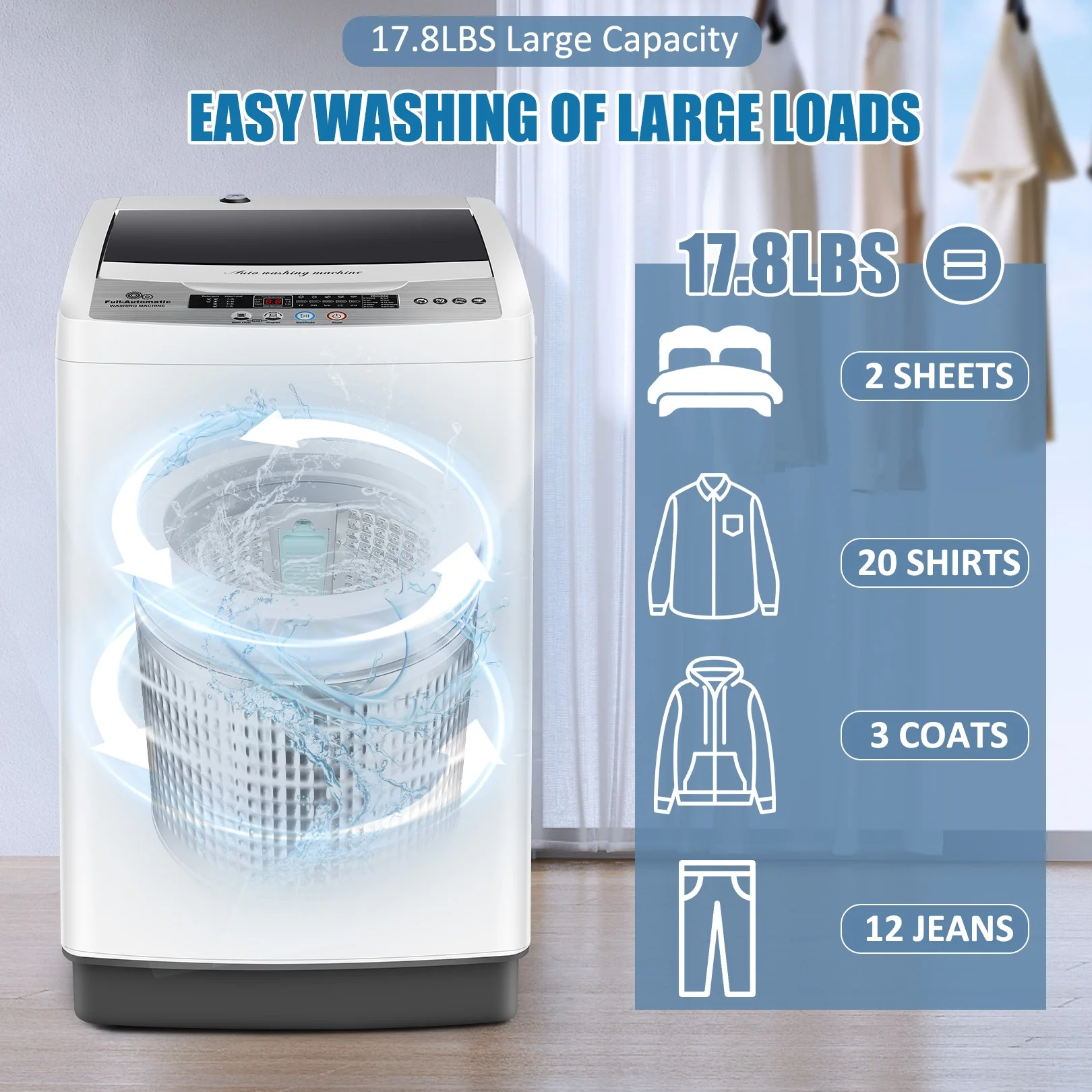 Qhomic Portable Washing Machine, 18.7 lb Full Automatic Compact 10 Programs & 8 Water Levels Washer Machine with Child Lock and LED Display, Low Noise Laundry Wash for Apartments, Rvs, Dorms