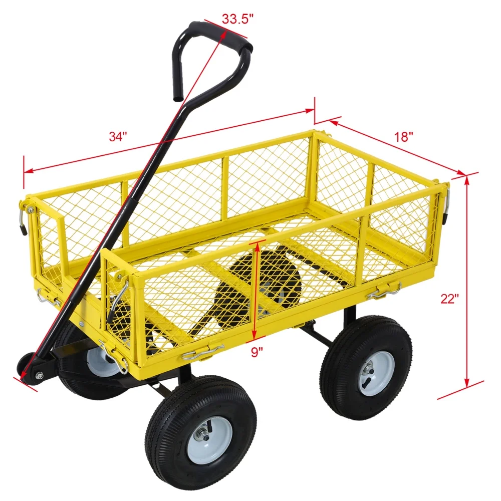 Steel Wagon Cart with Mesh Removable Sides, 3 cu ft, 550 lb Capacity, Heavy Duty Garden Cart with Pneumatic All-Terrain Tires, Rolling Cart with 180adjustable Handle for Garden, Farm, Yard, Yellow