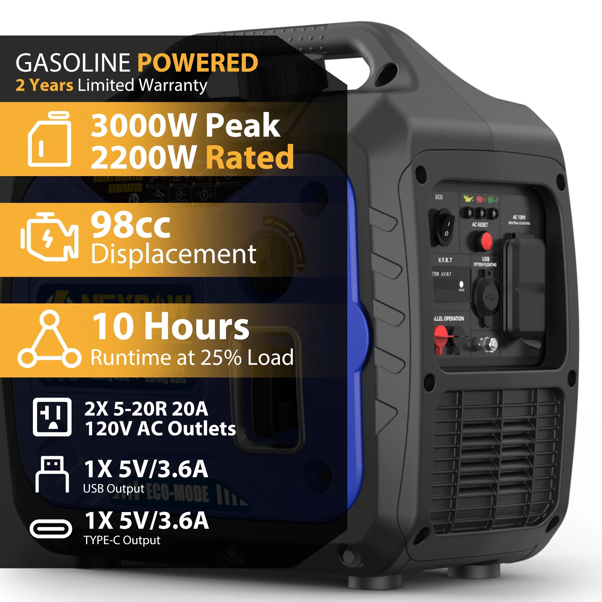 NEXPOW 3000W Portable Inverter Generator, Gasoline Power Lightweight for Backup Home & Camping, Eco - Mode Feature, Parallel Capability, Overload Protection