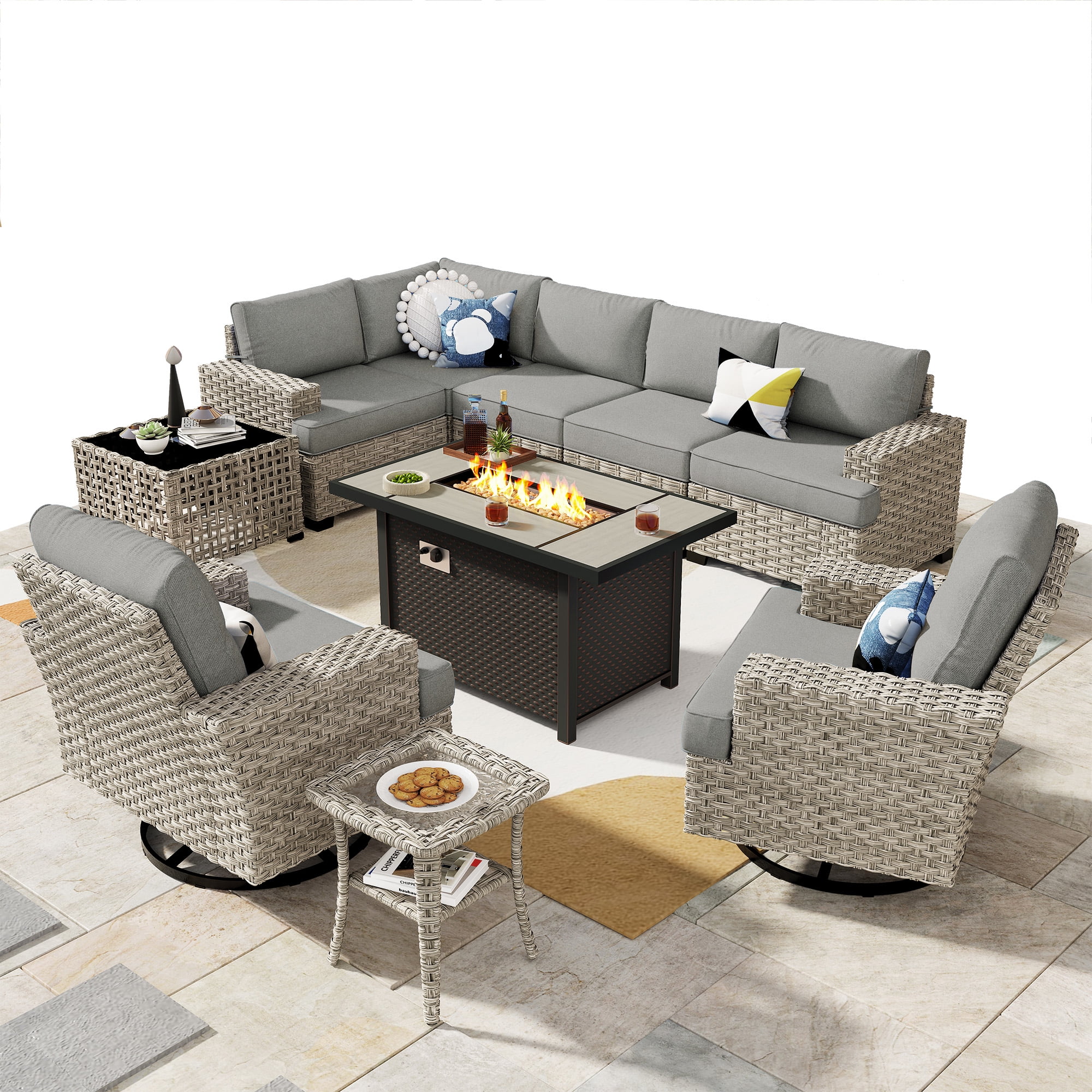 Ovios 10 Pieces Outdoor Patio Furniture Modern High - Back All - Weather Wicker Sectional Conversation Set with Propane Fire Pit Table & Swivel Chair, Dark Gray