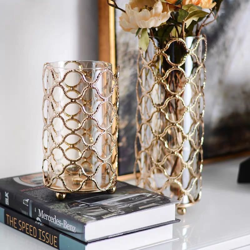 Luxury Brass Geometric Vase – Electroplated Metal Flower Arrangement Decor