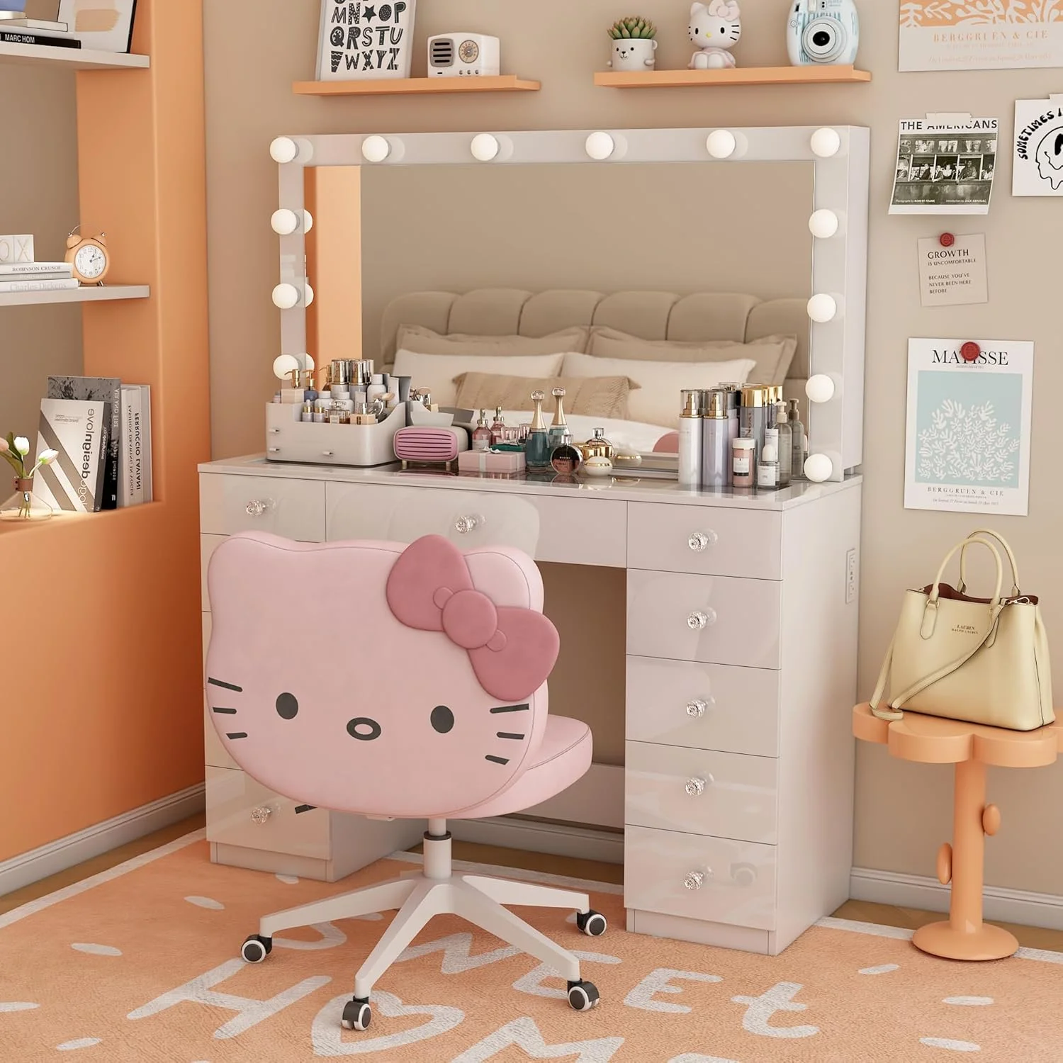 Vanity Desk with Power Outlet, Makeup Vanity with Mirror and 14 LED Light, 3 Lighting Modes, 11 Drawer Vanity Table with Sliding Jewelry Storage, Glass Top, Specular Surface